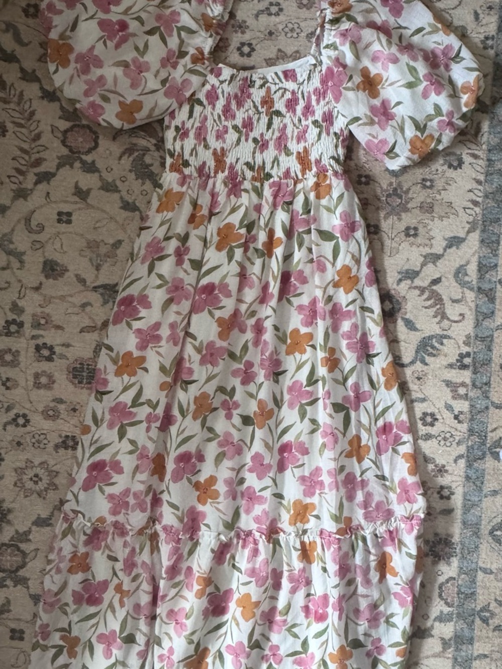 Floral Smocked Maxi Dress in Pink & Orange